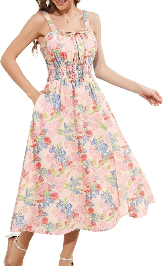 Meetjen Women's Floral Print Summer Beach Dress Midi Casual Spaghetti Strap Flowy A Line 2025 Boho Sun Dresses