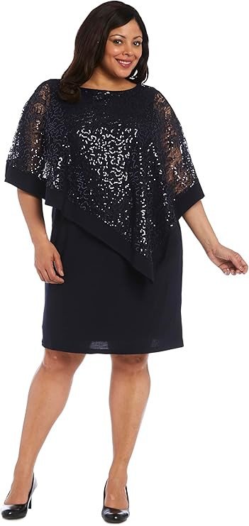 R&M Richards Women’s Sequined Asymmetric Knee Length Cape Cocktail Dress