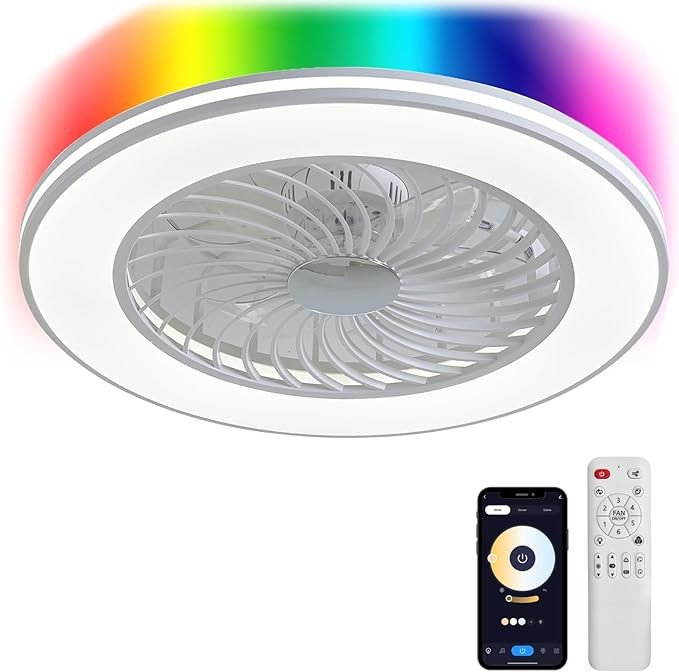 Low Profile Ceiling Fans with Lights, 24" Caged Modern Flush Mount Ceiling Fan with LED Light, Housing Finish White, RGB Back Light