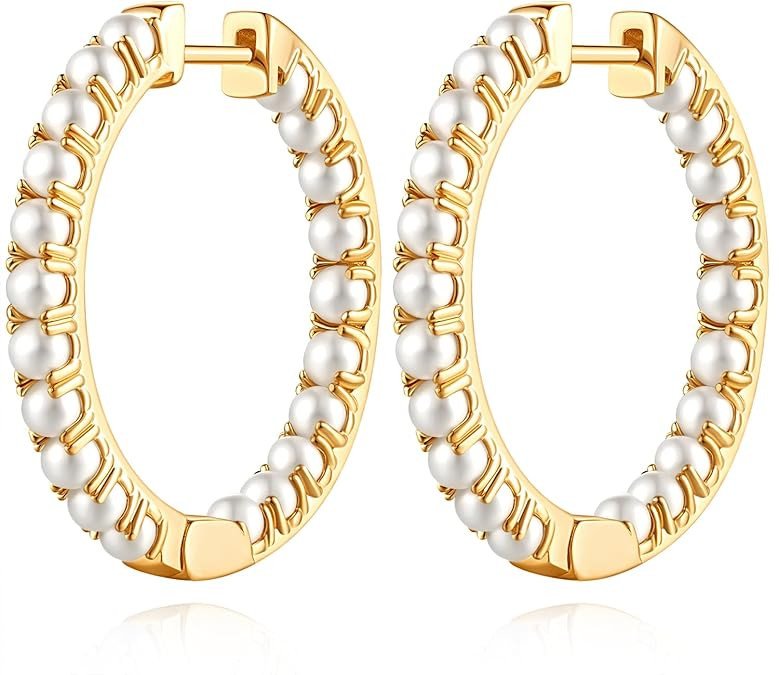Pearl Earrings for Women Gold Pearl Earrings Hoop Earring for Women 14K Gold Hoop Earring Huggie Hoops 20/30mm