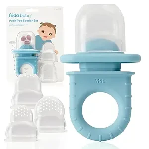 Frida Baby Push Pop Feeder, Baby Fruit Feeder to Safely Introduce New Foods, Valentines Day Gifts for Kids, Fresh + Frozen Food Silicone Feeder for Babies, BPA Free, Dishwasher Safe | 3 Count, Blue