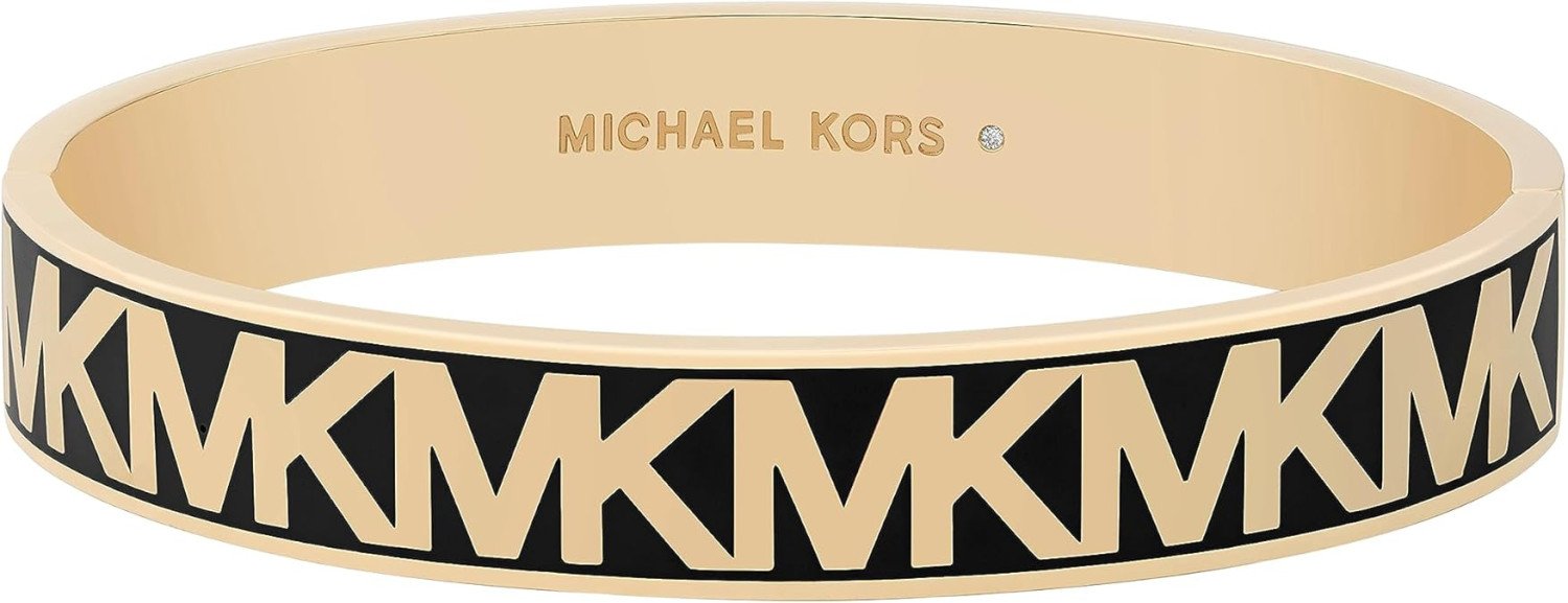 Michael Kors Brass and Enamel MK Logo Bangle Bracelet for Women, Color: Gold/Black (Model: MKJ8110710)