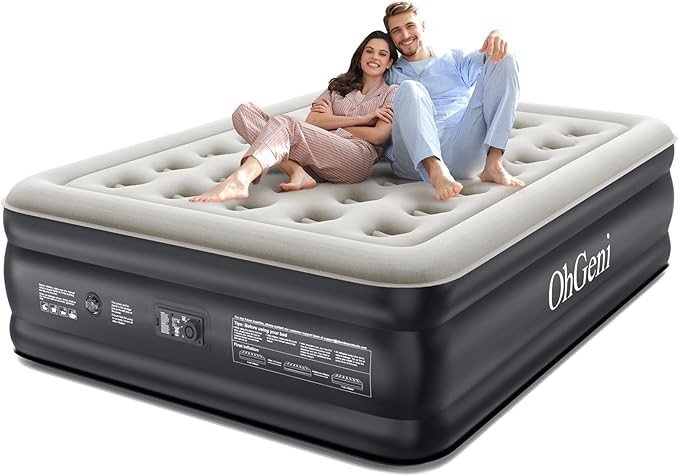 OhGeni Queen Air Mattress with Built in Pump, 18 Raised Blow Up Mattress, Low Noise Surface Portable Colchone Inflable, Air Bed for Home and Guest, Inflatable Mattress, Black