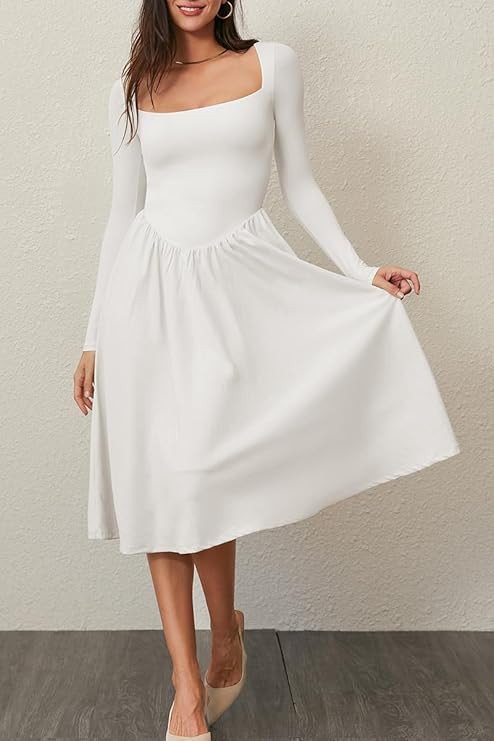 CHYRII Women Spring Fashion 2025 Square Neck Long Sleeve Casual A-Line Midi Dress