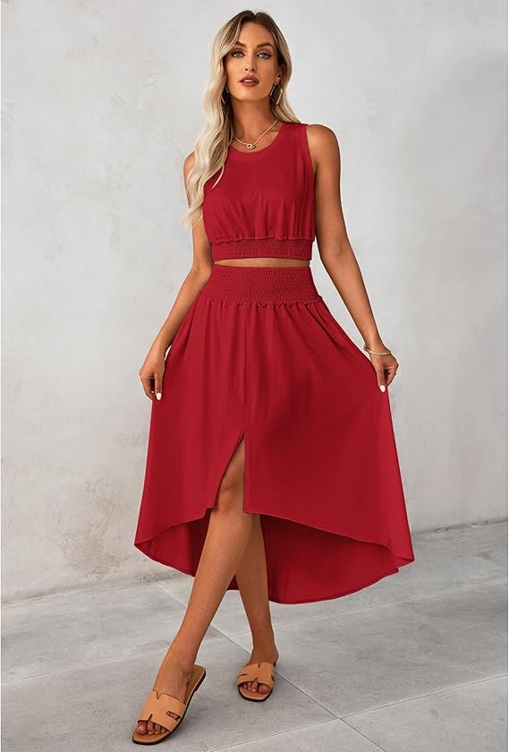 luvamia Two Piece Skirt Sets for Women Smocked Crop Top High Waisted High Low Split Maxi Skirt Co Ord Matching Dress Set
