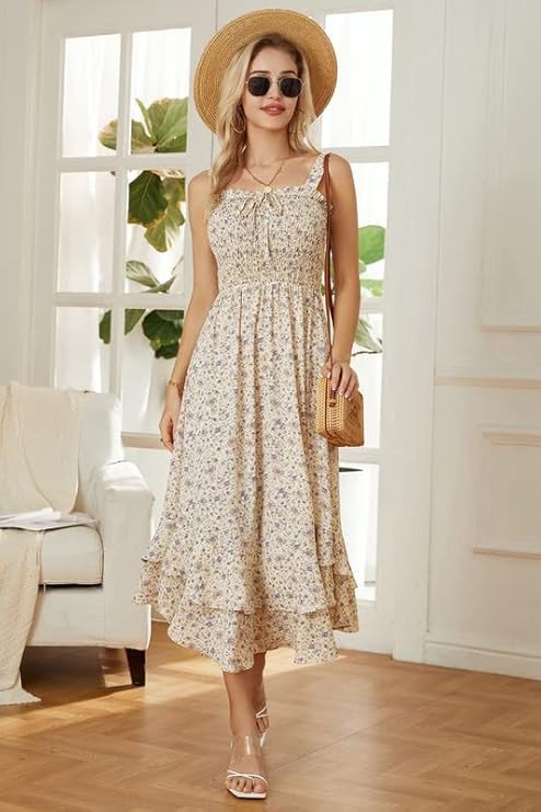 GRACE KARIN Women's 2025 Summer Floral Boho Dress Square Neck Strapped Swing A Line Sundress Beach Long Maxi Outfits