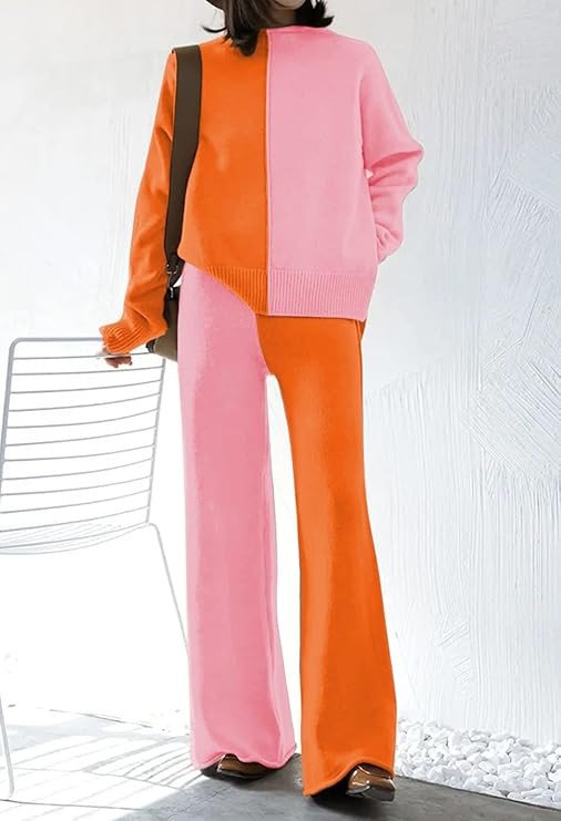 VamJump Women's 2 Piece Outfits Lounge Sets Long Sleeve High Neck Sweater Pullover Top Wide Leg Pants Sweatsuit Sets