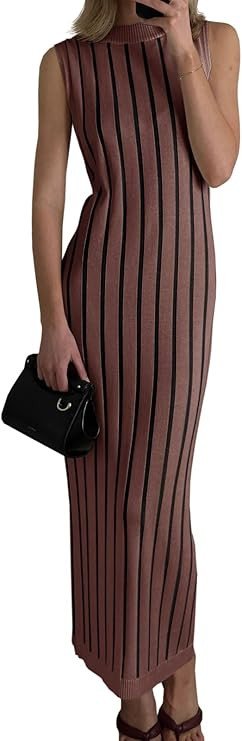 Wenrine Womens Sleeveless Sweater Dress Mock Neck Ribbed Knit Fall Tank Maxi Dresses
