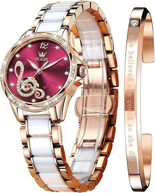 OLEVS Women Automatic Mechanical Watches Self Winding Rose Gold Two Tone Ceramic Strap Diamond Love Heart Dial Fashion Elegant Dress Ladies Wrist Watches Waterproof Luminous