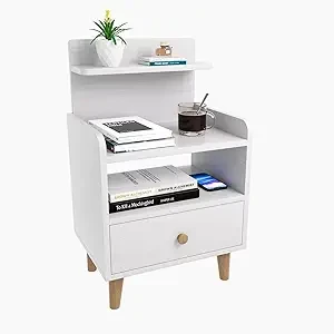 Night Stand, Wood Bedside Tables with Drawers, Mid Century Modern Side Table with Open Storage Shelf,Boho End Tables for Bedroom and Small Spaces (White)